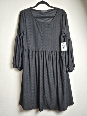 Plus Size 1X Black Eyelet Babydoll Dress Puff Sleeve Mini Boho Cottagecore NWT
